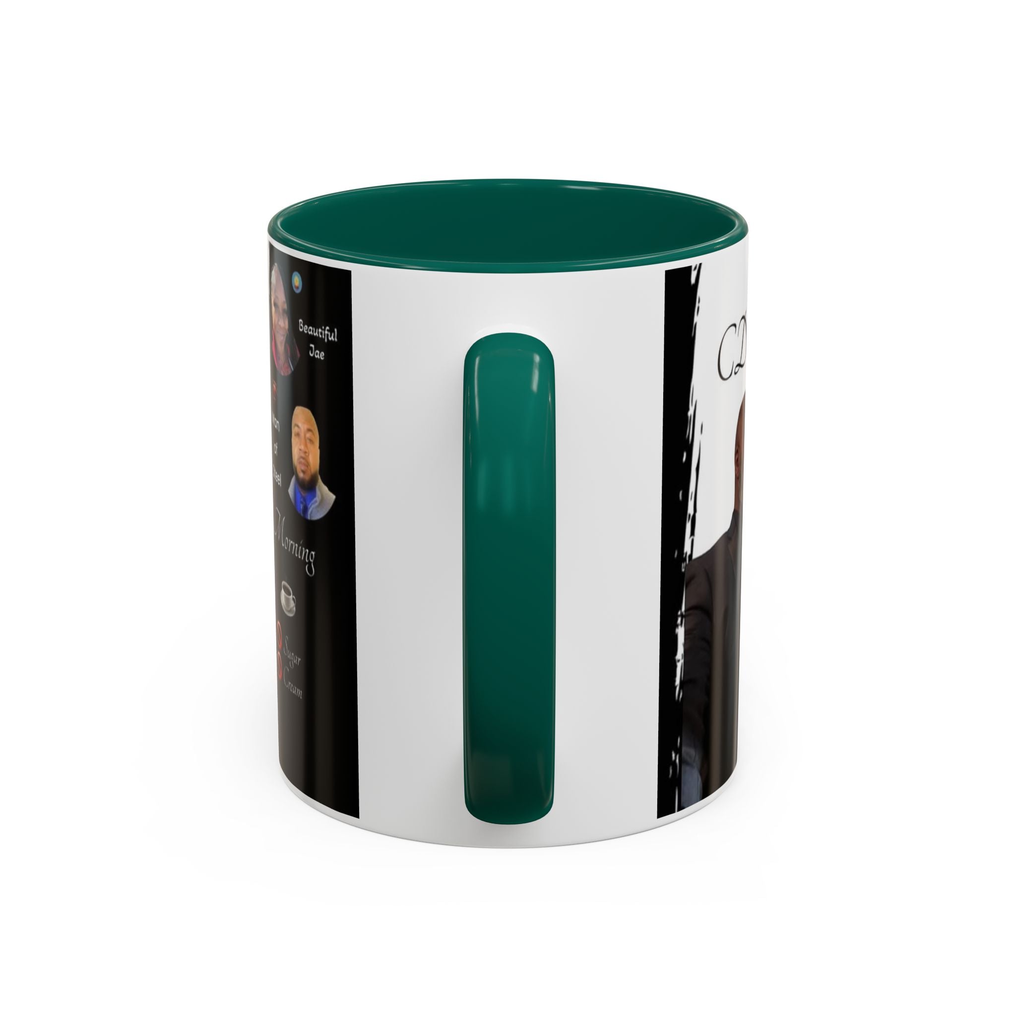Mug with a green interior and visible branding on a white background