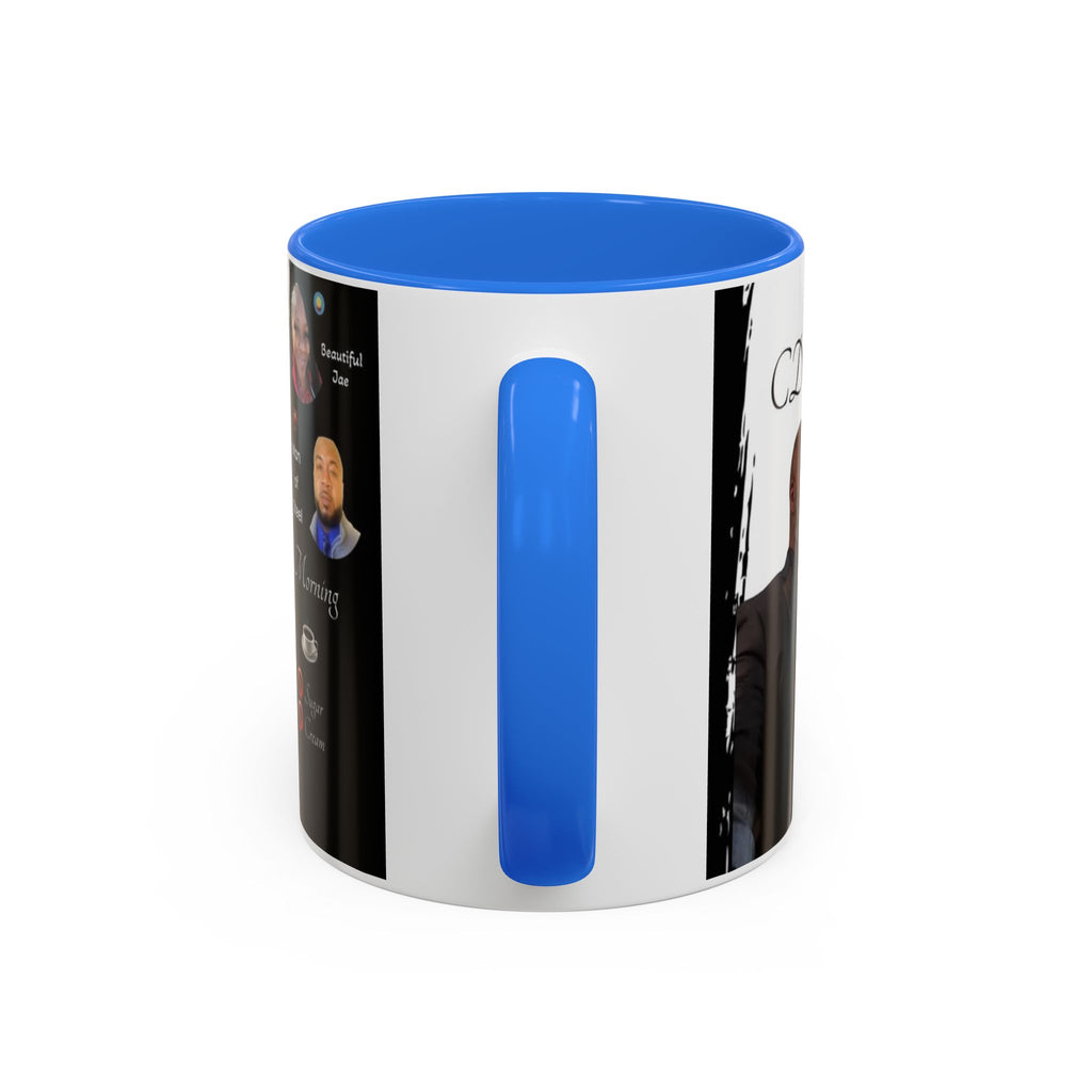 White mug with blue interior and handle on a white background