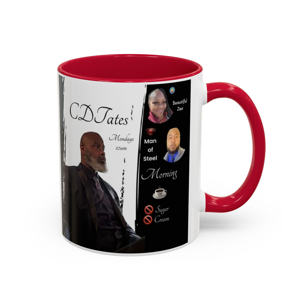 Mug with red interior and handle featuring a person and text on a white background