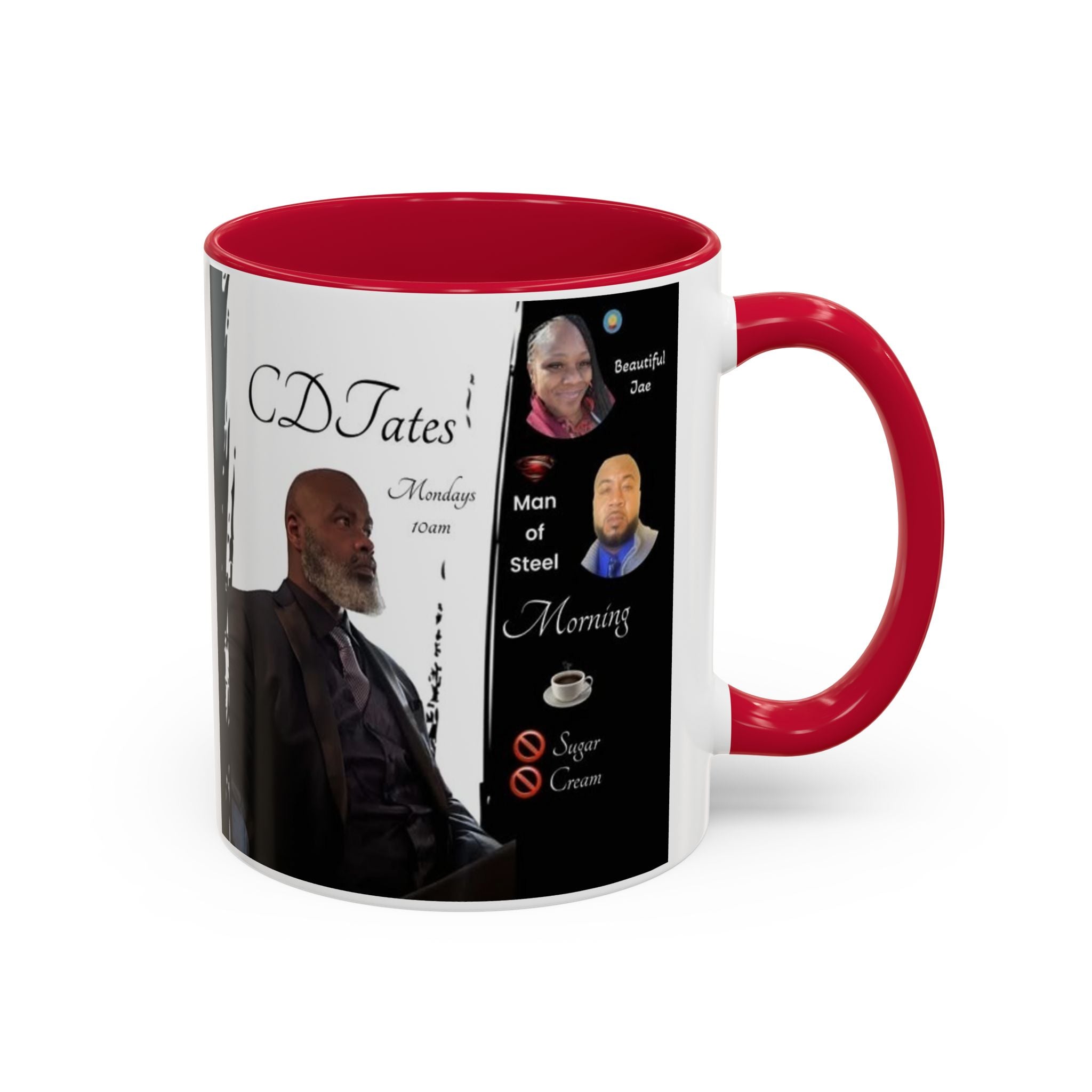 Mug with red interior and handle featuring a person and text on a white background