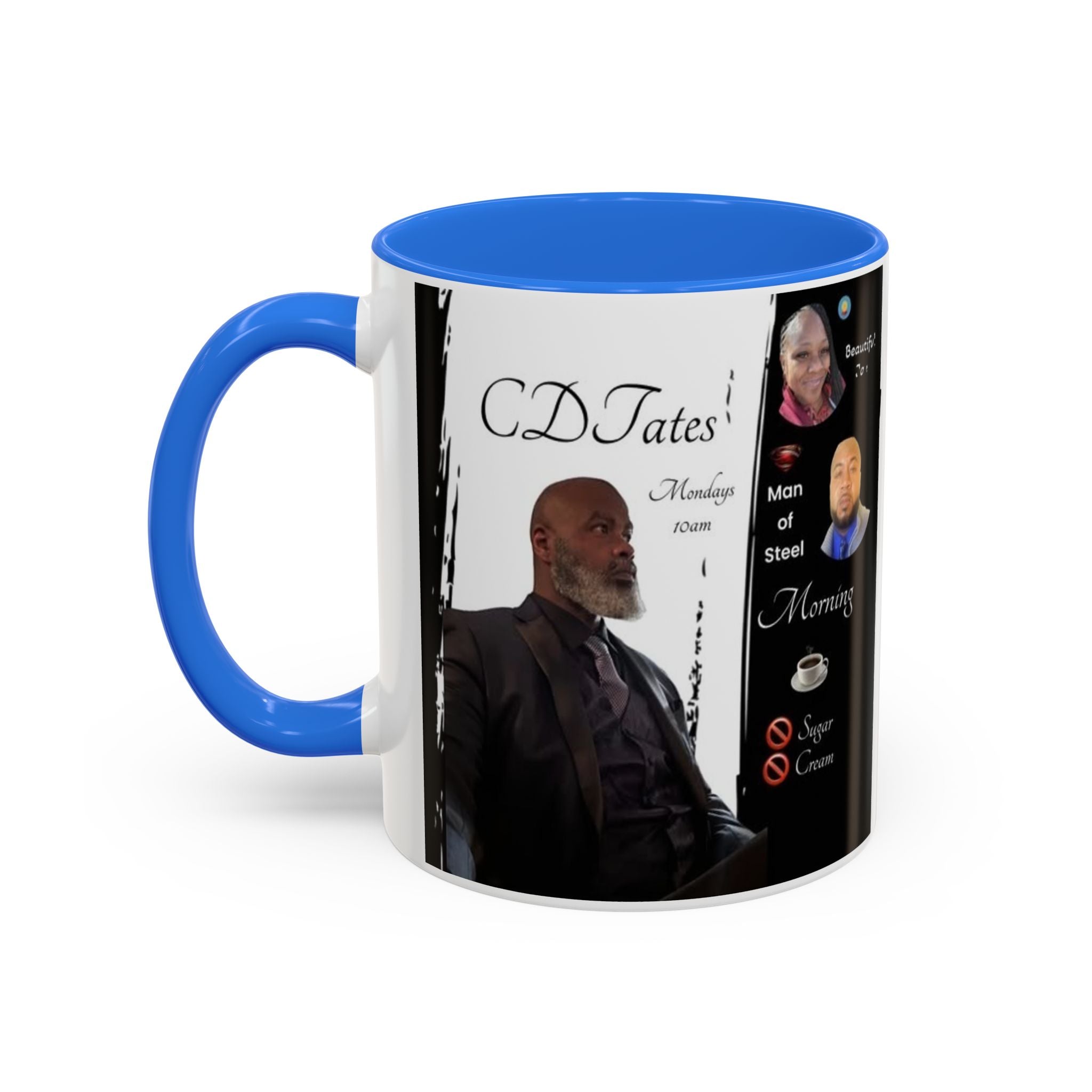 Mug with a person's portrait and text on a white background