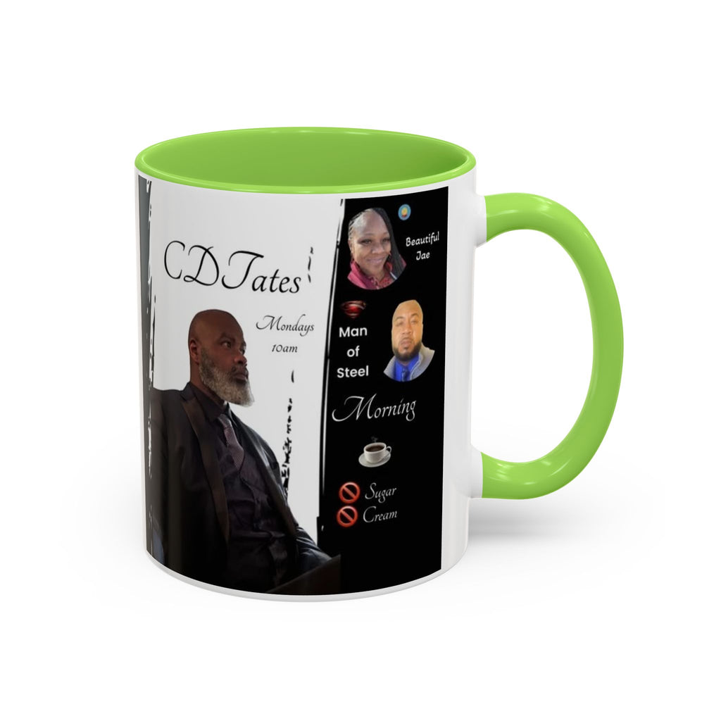 Mug with green interior and handle featuring a person's profile and text on a white background