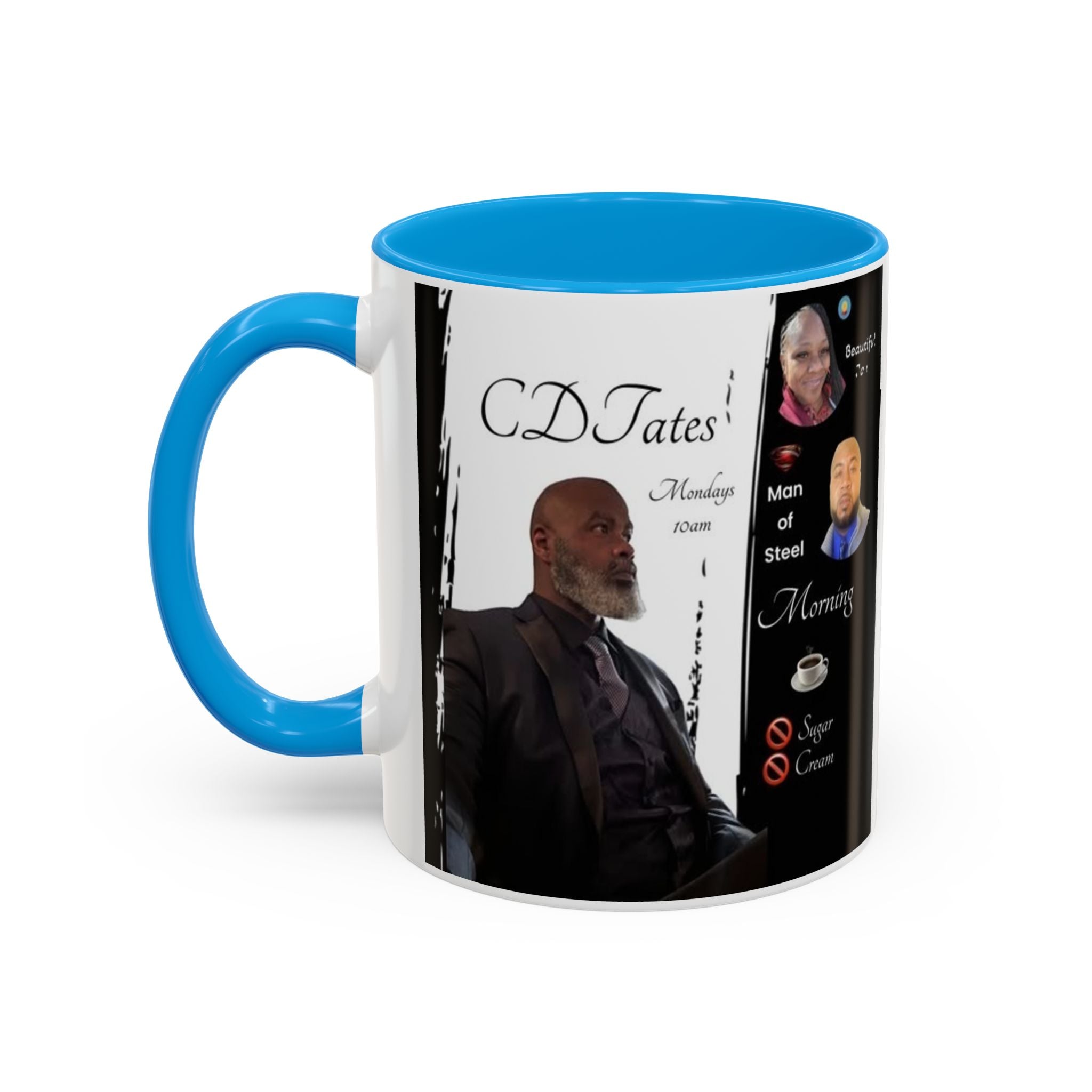 Mug with a person's face and text on a white background