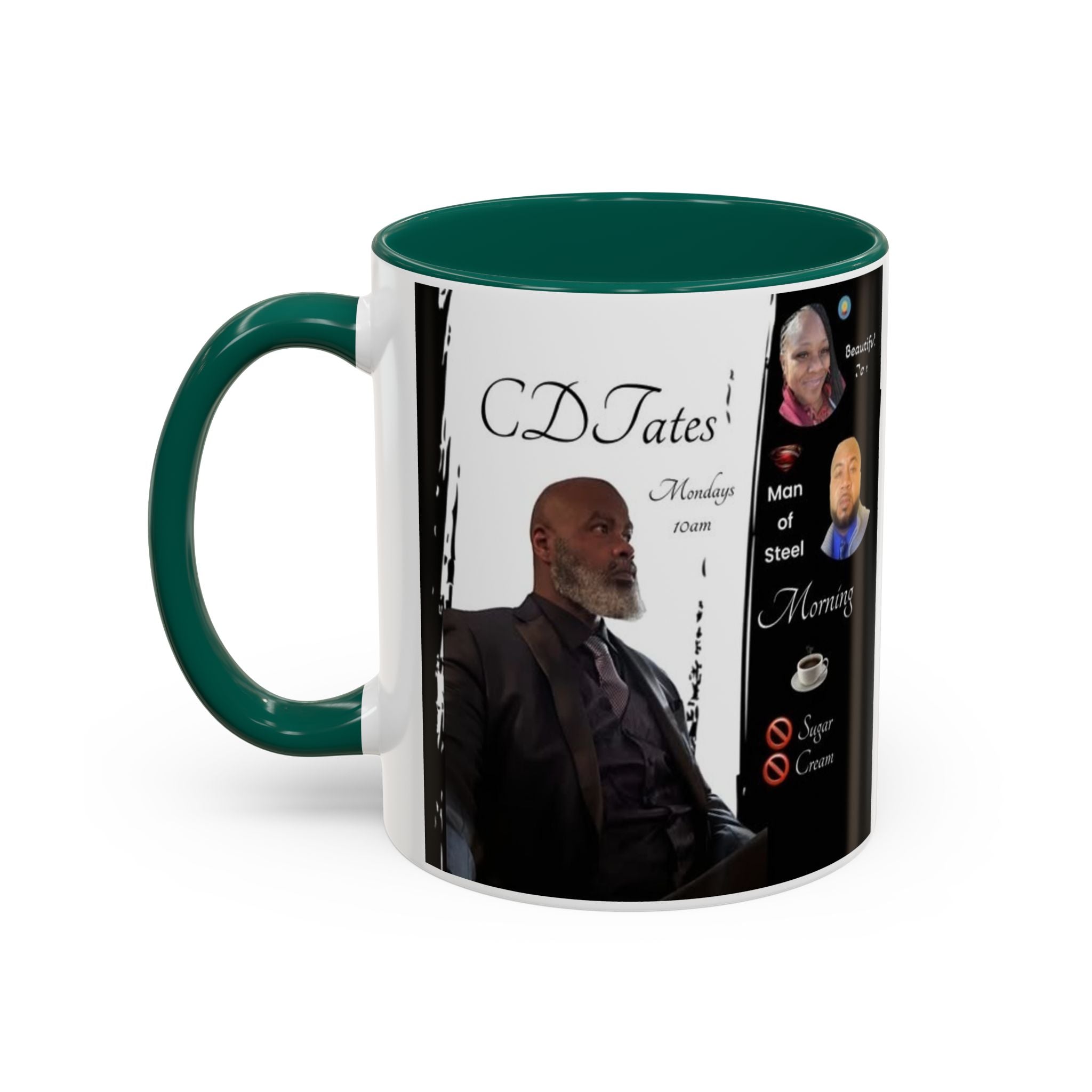 Mug with a person's portrait and text on a white background