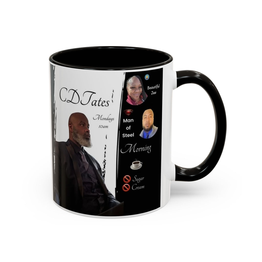 Black mug with a personalized design featuring text and images on a white background