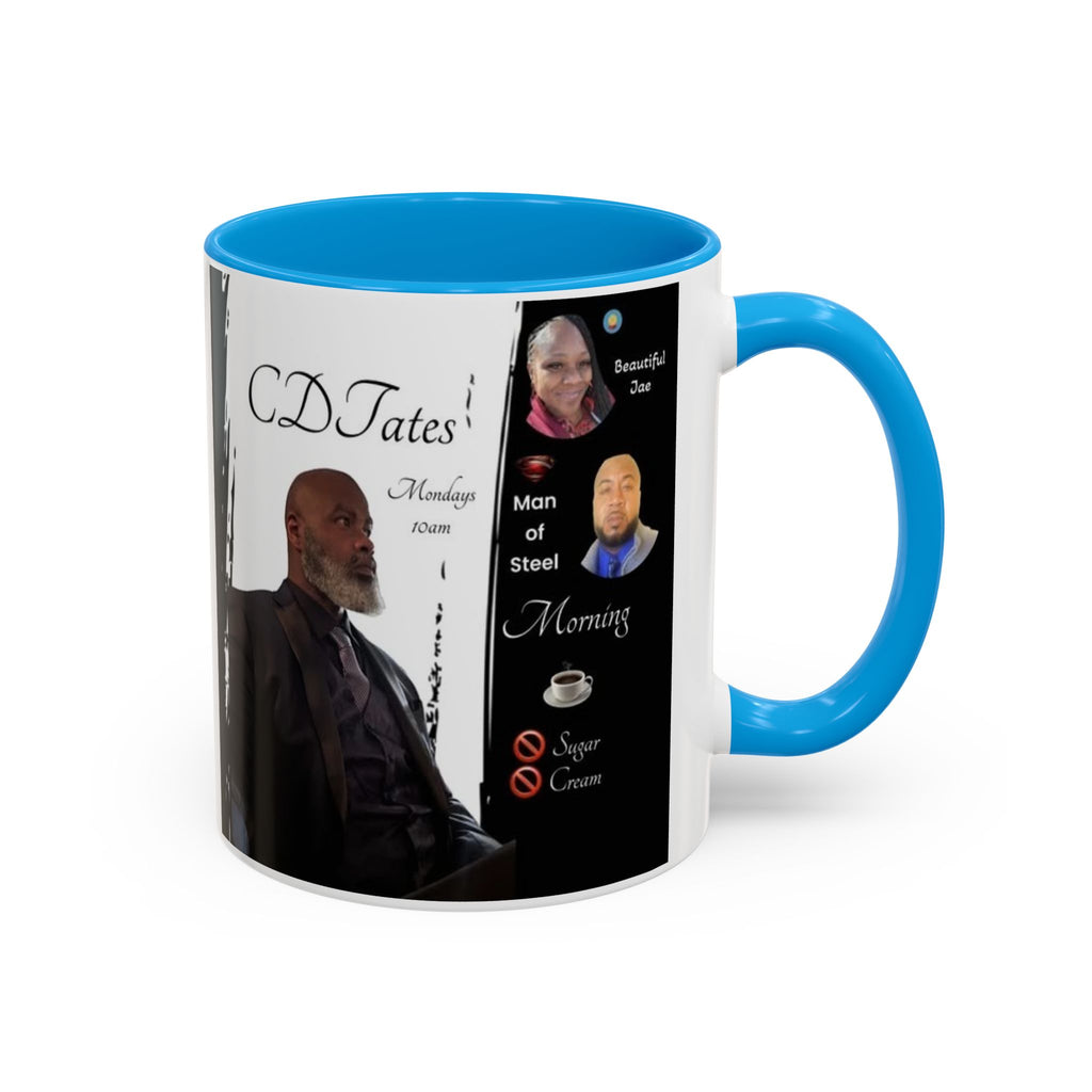 Mug with blue interior and handle featuring a person's profile and text on a white background