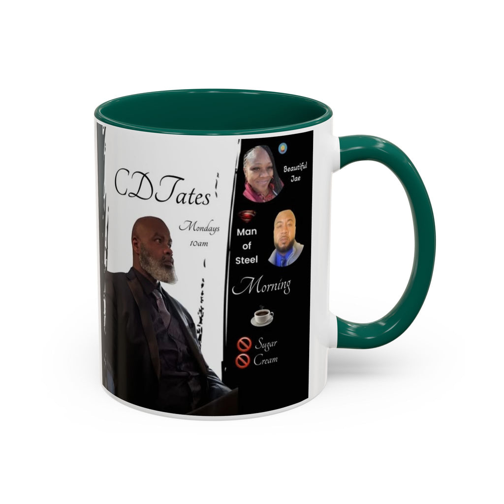 Mug with a person's face and text on a white background