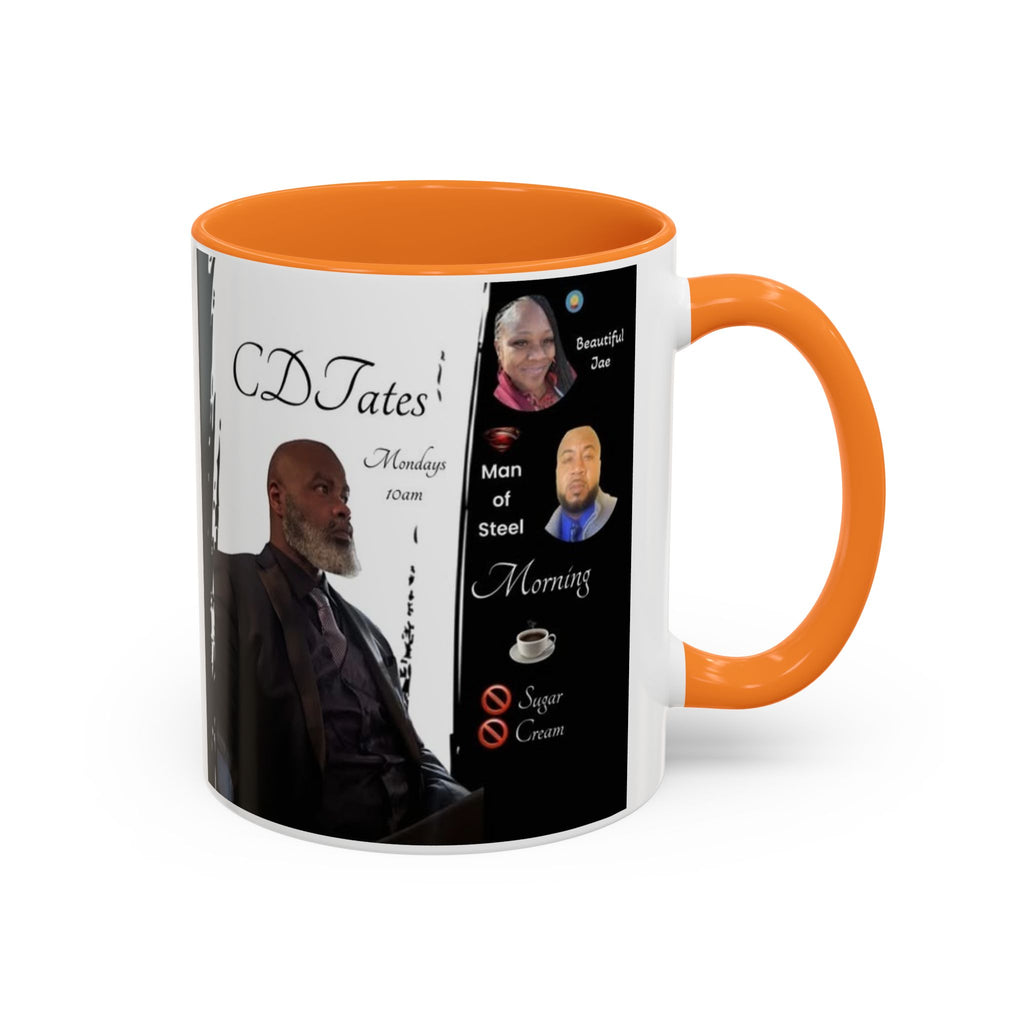 Mug with orange interior and handle featuring a person and text design.