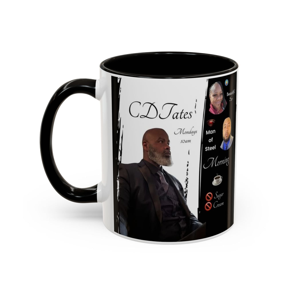Mug with a person's portrait and text on a white background