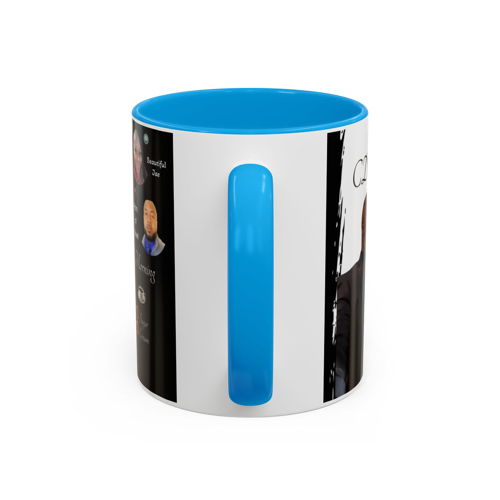 White mug with blue handle and interior on a white background
