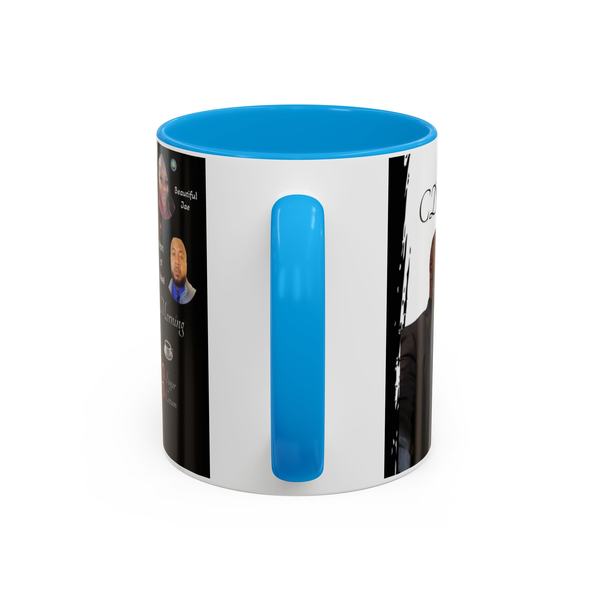 White mug with blue handle and interior on a white background