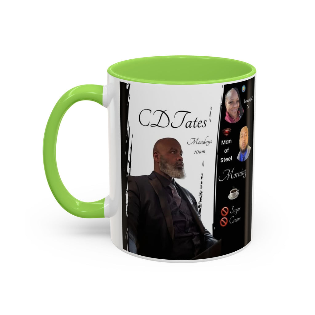 Mug with a green handle featuring a person and text on a white background
