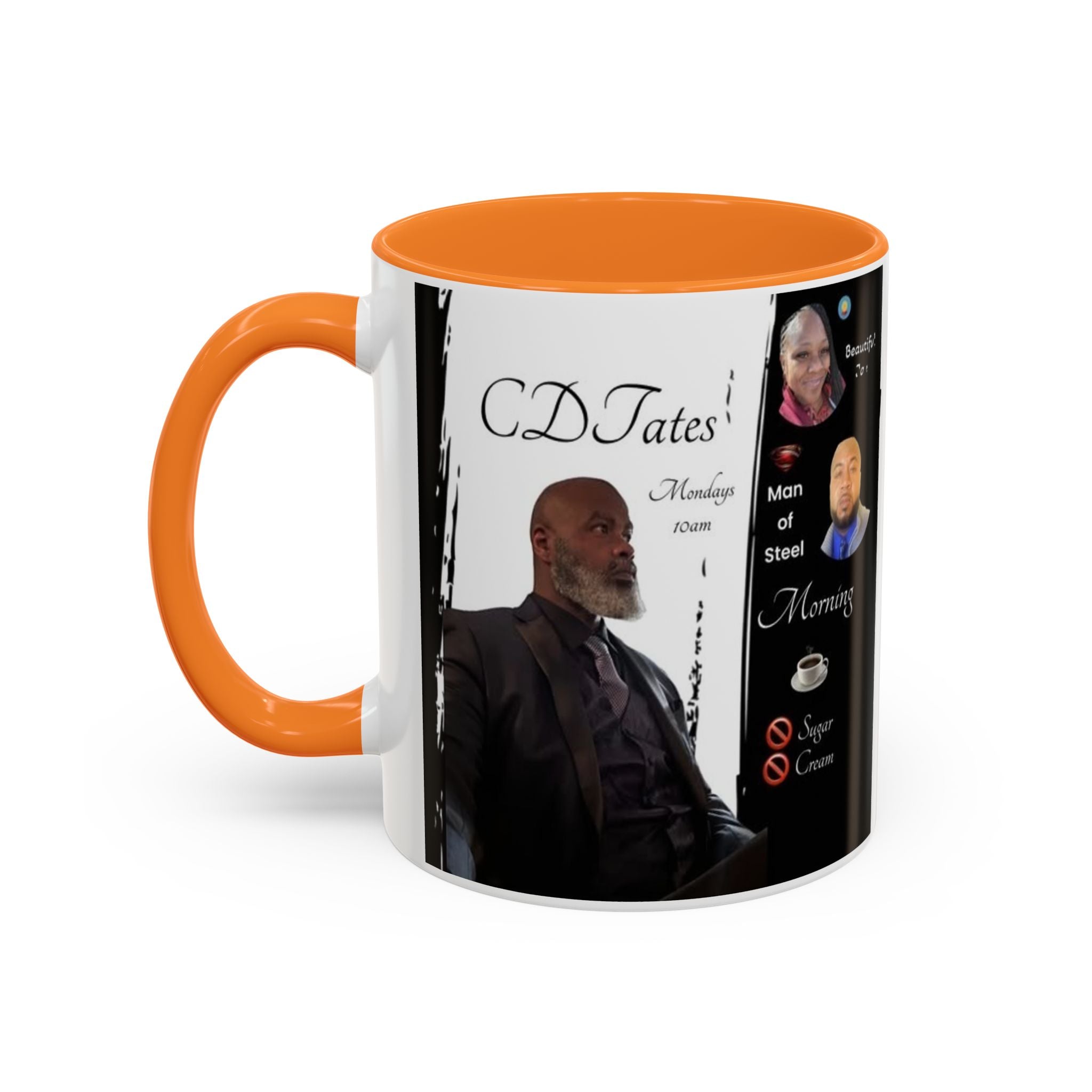 Mug with orange interior and handle featuring a person and text on a white background